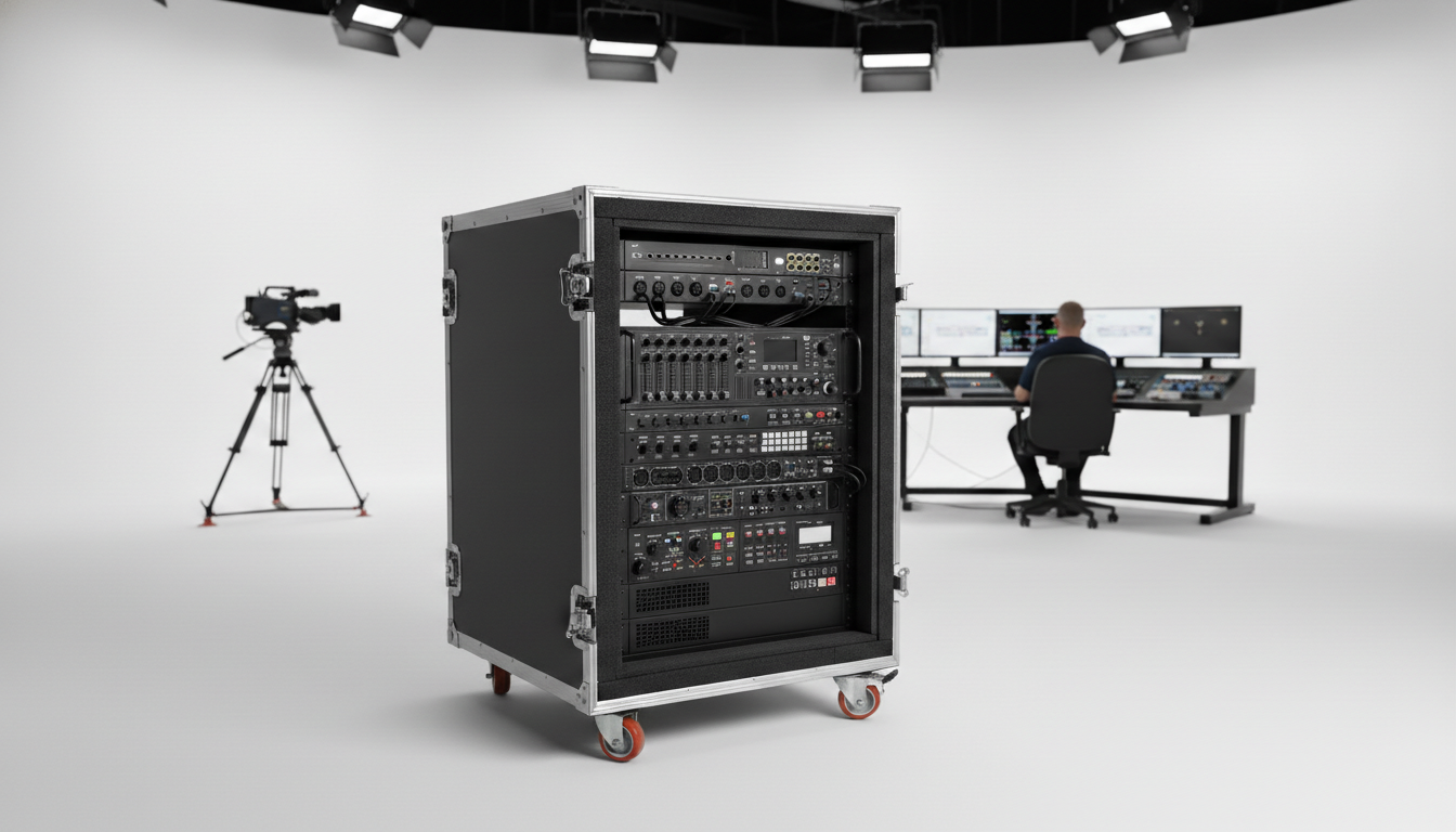 Sistema rack broadcast TurtleCases em estúdio profissional